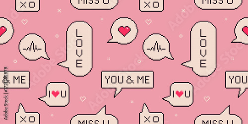 Pixel art love speech bubble seamless pattern for Valentine’s Day design. Retro romance text message background.