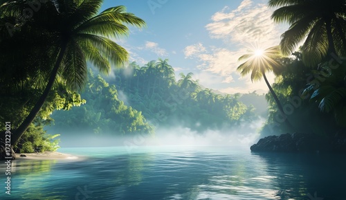 Tranquil Morning at a Lush Tropical Lake Surrounded by Mist and Palm Trees.