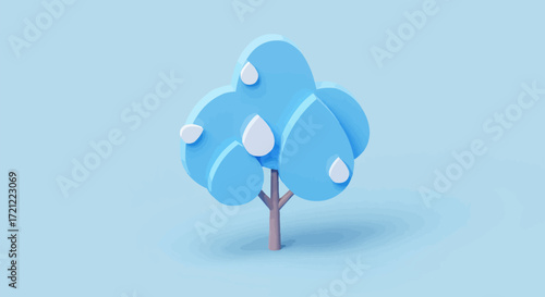 Stylized 3D illustration of a blue tree with raindrop shapes, set against a soft pastel blue background