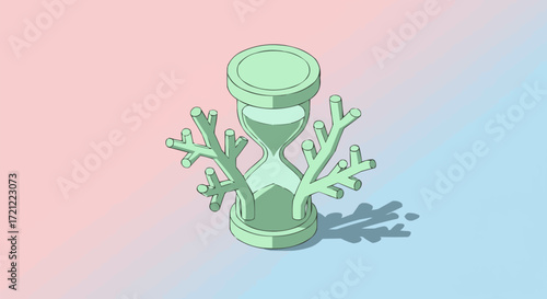 Time and Growth An Isometric Illustration of an Hourglass with Coral Branches