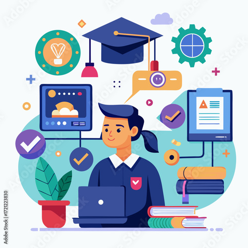 AI powered personalized E-Learning concept. Digital transformation of education through personalized E-Learning by AI and machine learning. Online education, skill development and graduation.