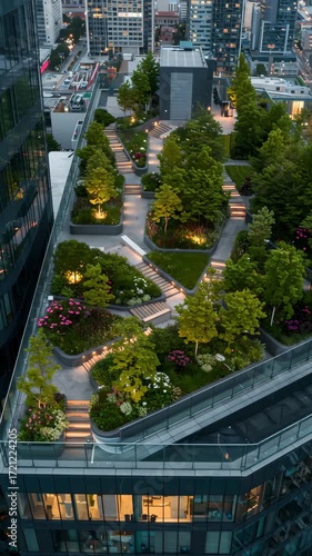 Futuristic city embraces sustainability with rooftop gardens and vertical greenery. This urban landscape merges modern architecture with nature, fostering greener, healthier environment. Vertical shot