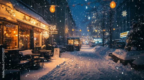 Winter Evening Street Scene With Lights and Snow in a Cozy Town.