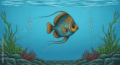 Underwater scene of tropical fish swimming in ocean with coral reef and seaweed illustration drawing