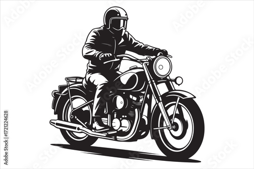 Biker Riding Vintage Motorcycle – Black and White Art