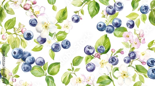 Watercolor painting depicts blueberries and delicate pink blossoms on a white background.