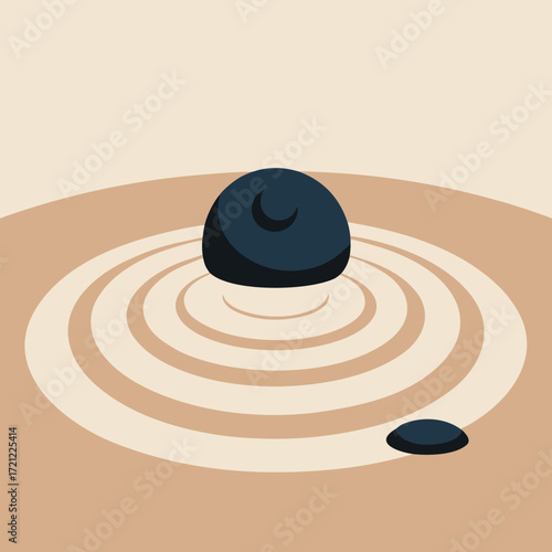 Minimalist Zen Garden with Stone and Raked Sand dark blue