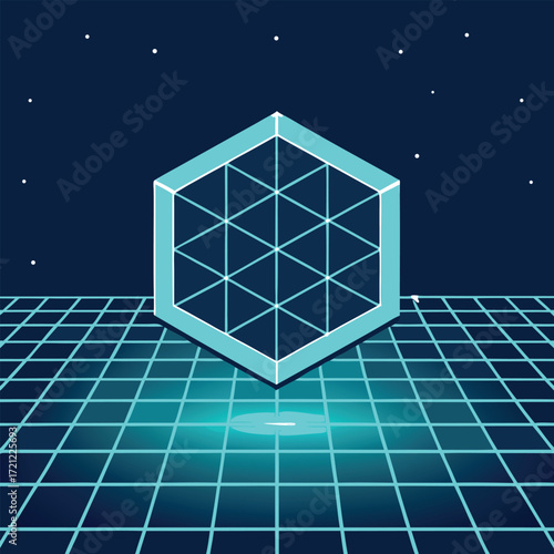 Neon Grid Floor and Hexagonal Wireframe Cube in Dark Space