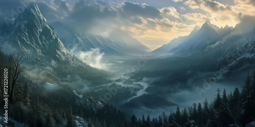 Majestic Mountains With Mist and Pine Trees During a Tranquil Sunset Scene.