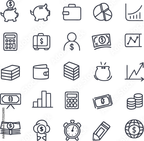 Financial Elements: A collection of financial icons, each meticulously designed to represent various aspects of money management.