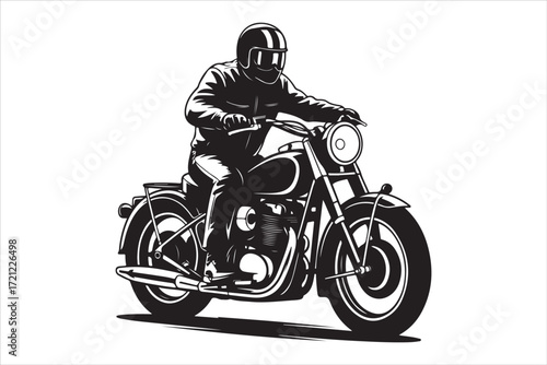 Biker Riding Vintage Motorcycle – Black and White Art