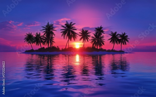 Stunning Sunset Over Calm Waters With Silhouettes of Palm Trees on a Tropical...
