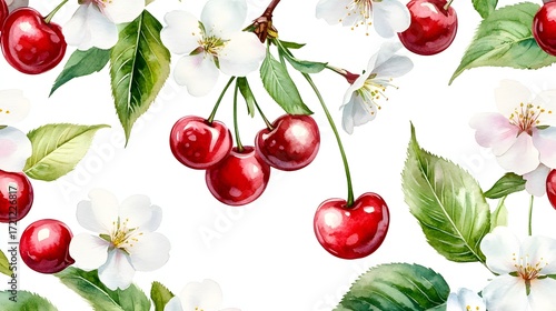 Watercolor illustration of cherry branches and blossoms against a white background.