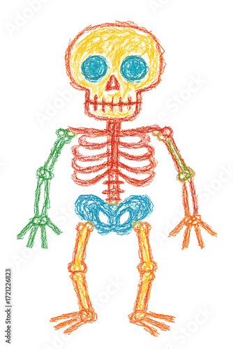 Colorful skeleton character in crayon hand drawn style for Halloween illustration. Concept of spooky fun and Halloween costume - skeleton - costume