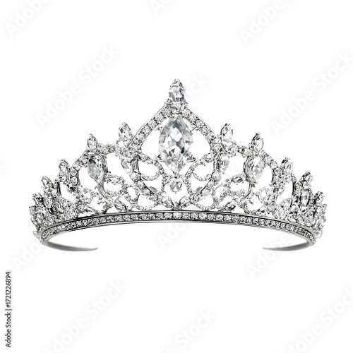 An exquisite silver tiara adorned with numerous clear gemstones, isolated on transparent background
