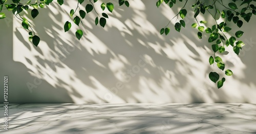 Soft Green Leaves Cast Gentle Shadows on a Smooth Surface in a Bright, Calmin...