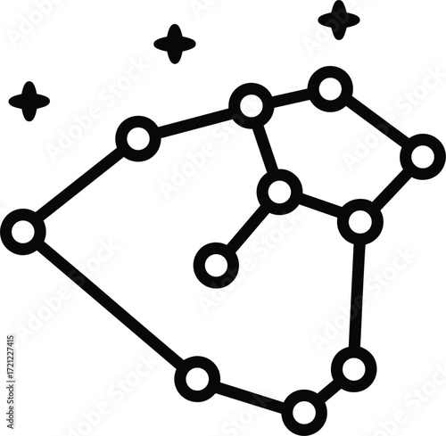 Black and white outline illustration of a constellation with stars astronomy space