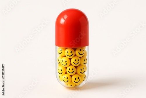 Red and clear capsule filled with smiling faces isolated on white background