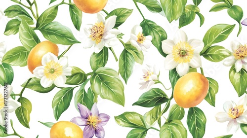 Watercolor illustration of lemons, passion flowers, and green leaves on a white background.