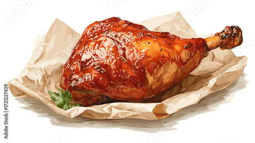 Vector illustration of a juicy smoked turkey leg on parchment paper isolated on a white background