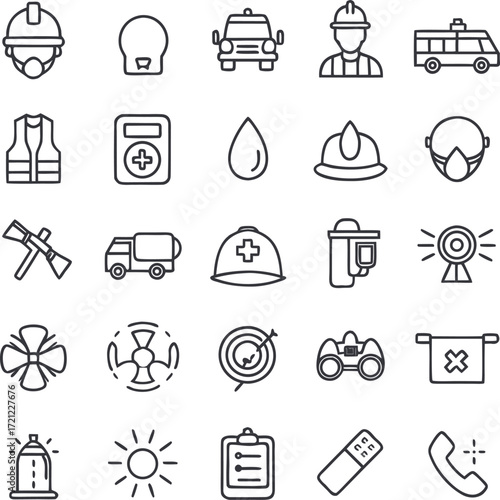 Safety and Aid Essentials: A meticulously curated collection of vector illustrations, representing critical symbols essential for emergency services, rescue missions, and general safety protocols.