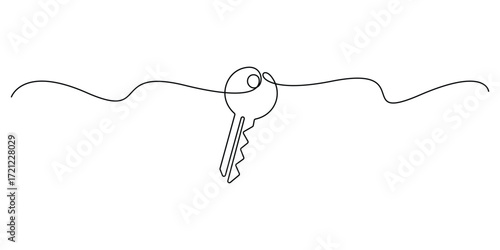Continuous one line drawing of a house with a key, Set of keys against white background, Single line drawing symbol of house keys, Real estate line icon vector design, Key icon. Vector illustration