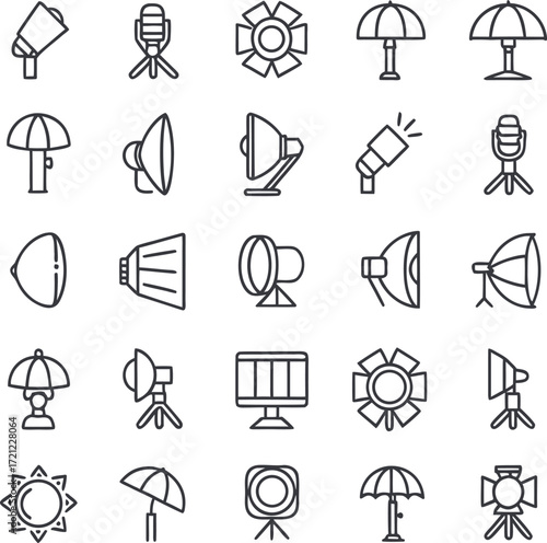 Photography Studio Equipment Icons: A collection of detailed line art icons representing various tools and components essential for a photography studio.