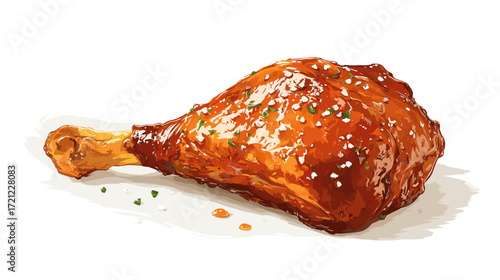 Vector illustration of a juicy smoked turkey leg on parchment paper isolated on a white background