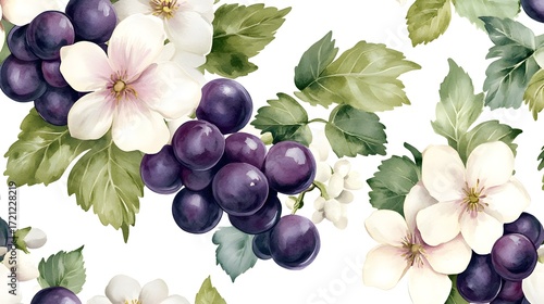 Watercolor illustration depicts clusters of dark grapes and delicate white apple blossoms framed by lush green leaves.