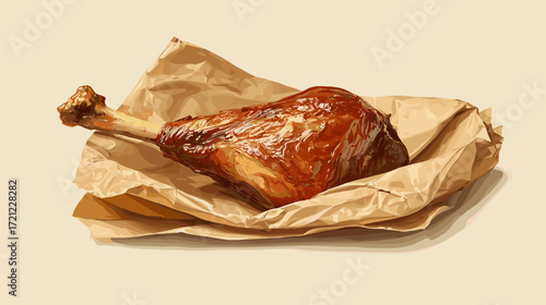 Vector illustration of a juicy smoked turkey leg on parchment paper isolated on a white background