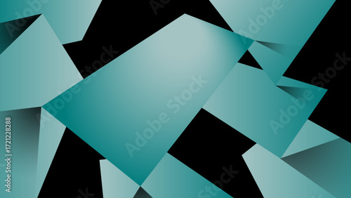 Abstract geometric shapes in teal tones create dynamic and modern design against black background. overlapping polygons form intriguing pattern with sense of depth and movement