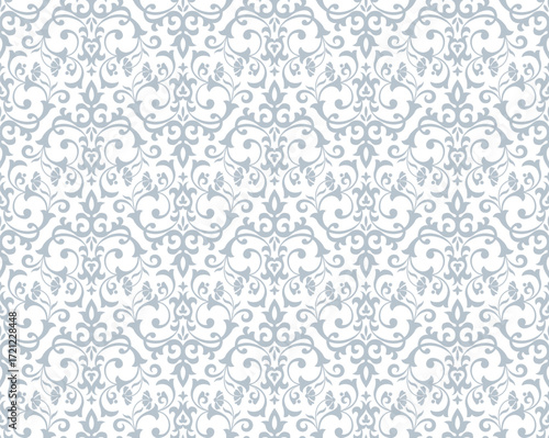 Wallpaper in the style of Baroque. White and gray floral ornament. Seamless vector background. Graphic pattern for fabric, wallpaper, packaging. Ornate Damask flower illustration