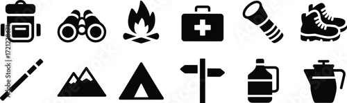 Black Silhouette Icons for Outdoor Camping and Hiking Activities adventure travel