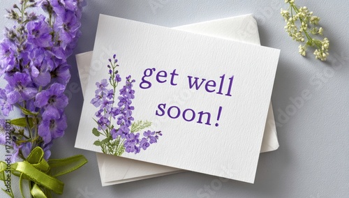 A stack of get well soon cards with delicate lavender flower accents