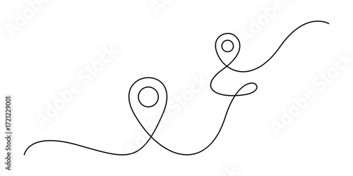Single continuous line drawing of a location marker and a path vector illustration