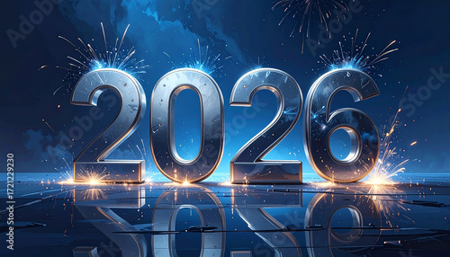 Metallic 2026 numbers with sparks and reflections against a blue background, symbolizing the upcoming year's celebration.