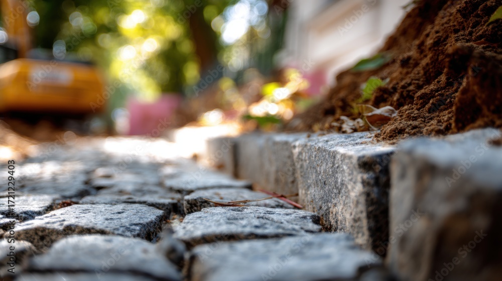 Naklejka premium new cobblestone pavement being installed