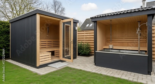 Modern Outdoor Sauna and Cold Plunge Pool in a Backyard Setting.