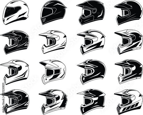 A Collection of 15 Diverse Motorcycle Helmets - Graphic Design Elements