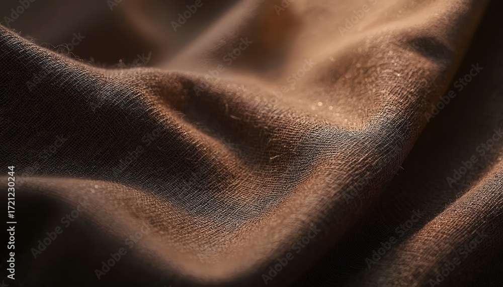 Fototapeta premium Close-up dark brown linen fabric texture background. Textile with detailed woven surface. Rustic canvas cloth, rough natural fiber material. Vintage detail, simple design for backgrounds, design