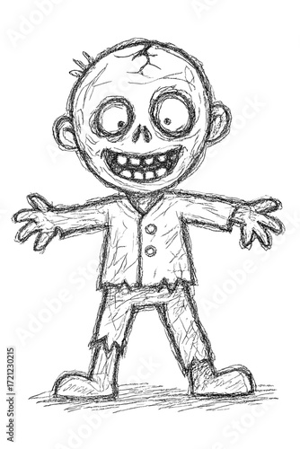 Sketch of a scary zombie character in torn clothes with big eyes in Halloween style. Concept of Halloween horror and walking dead - horror - fantasy