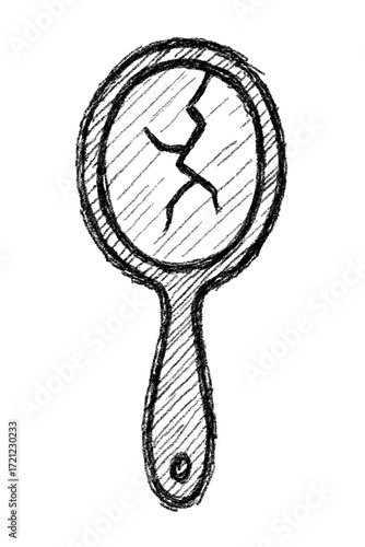 Hand drawn cracked handheld mirror in creepy Halloween illustration. Concept of bad luck and mysterious supernatural omen - horror - spooky