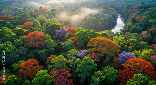Aerial View of Lush Rainforest Canopy with River at Sunrise