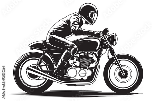 Biker Riding Vintage Motorcycle – Black and White Art