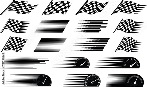 Dynamic collection of black and white checkered racing flags and speed graphic elements, perfect for conveying rapid motion, competition, and triumphant finishes in design