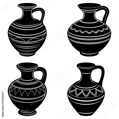 Four black and white amphorae with different designs and handles in a square format illustration