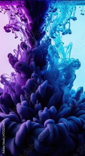 Abstract Purple and Blue Ink Underwater Explosion Swirling Colors Artistic Background