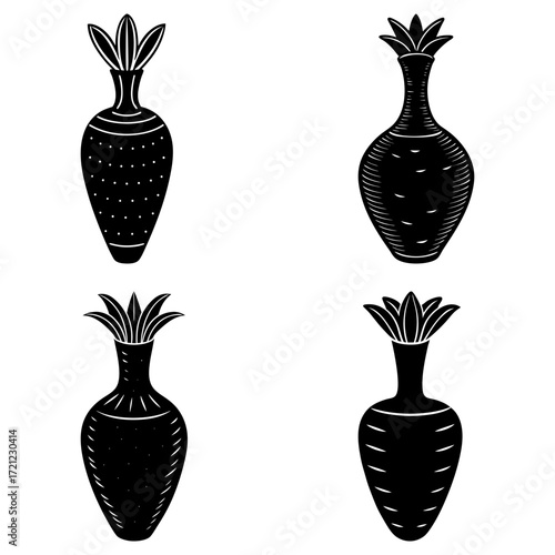 Four vases with plant tops in black and white displaying different patterns and shapes in a grid layout