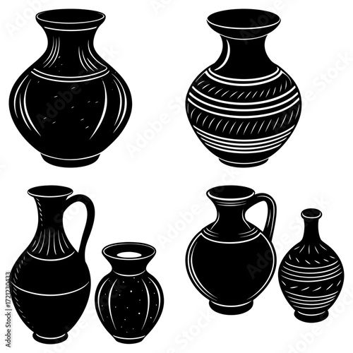 Collection of black and white vector illustrations of various types of decorative vases and pitchers art