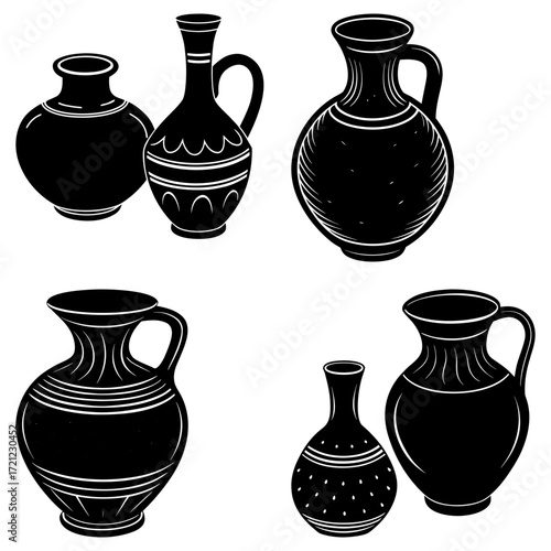 Illustration of various black pottery vases and jugs with different shapes and decorative patterns on white